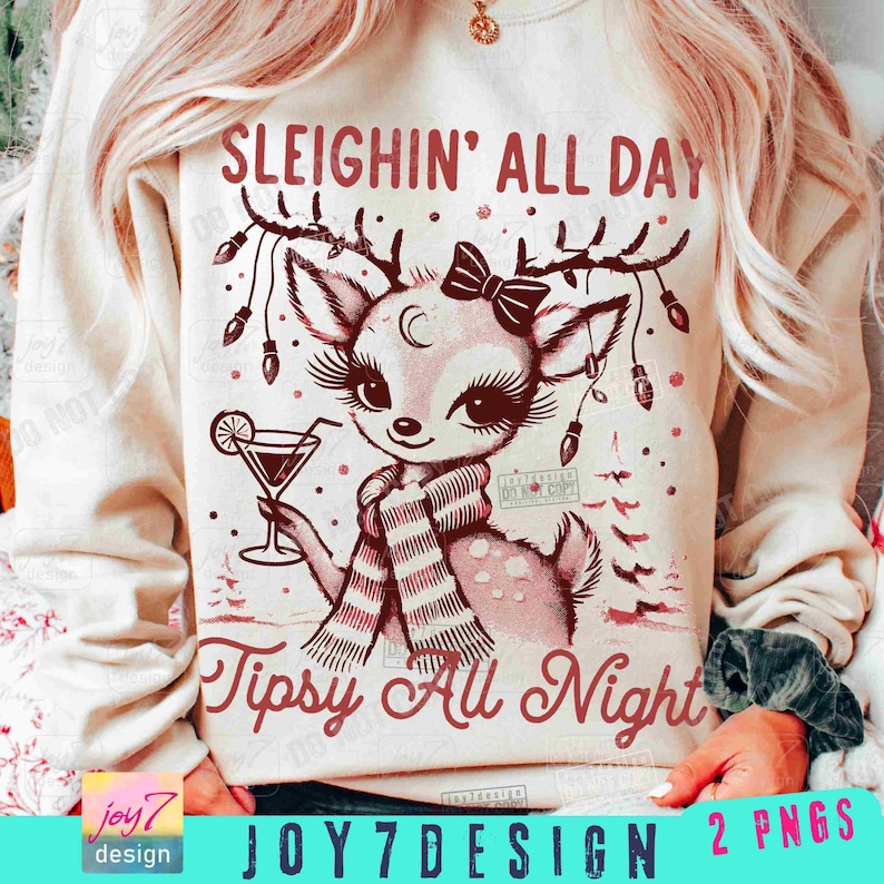 Sleighin All Day Funny Drinking Christmas PNG Retro Reindeer Christmas Drinking Png Tipsy Christmas Alcohol Vintage Xmas Trendy Png ORIGINAL image 1