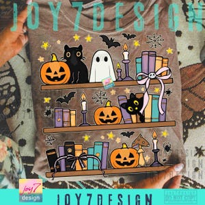 Halloween Bookshelf PNG Boo Ghost Reading Book Coquette Bow Halloween Book Png Cute Black Cat Halloween Sublimation Design Library ORIGINAL image 6