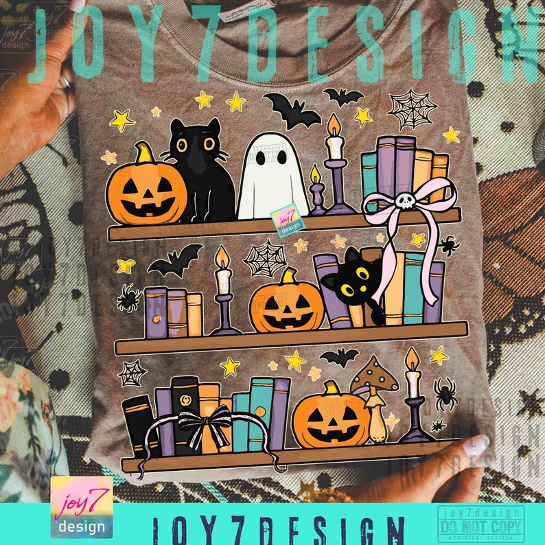 Halloween Bookshelf PNG Boo Ghost Reading Book Coquette Bow Halloween Book Png Cute Black Cat Halloween Sublimation Design Library ORIGINAL image 6