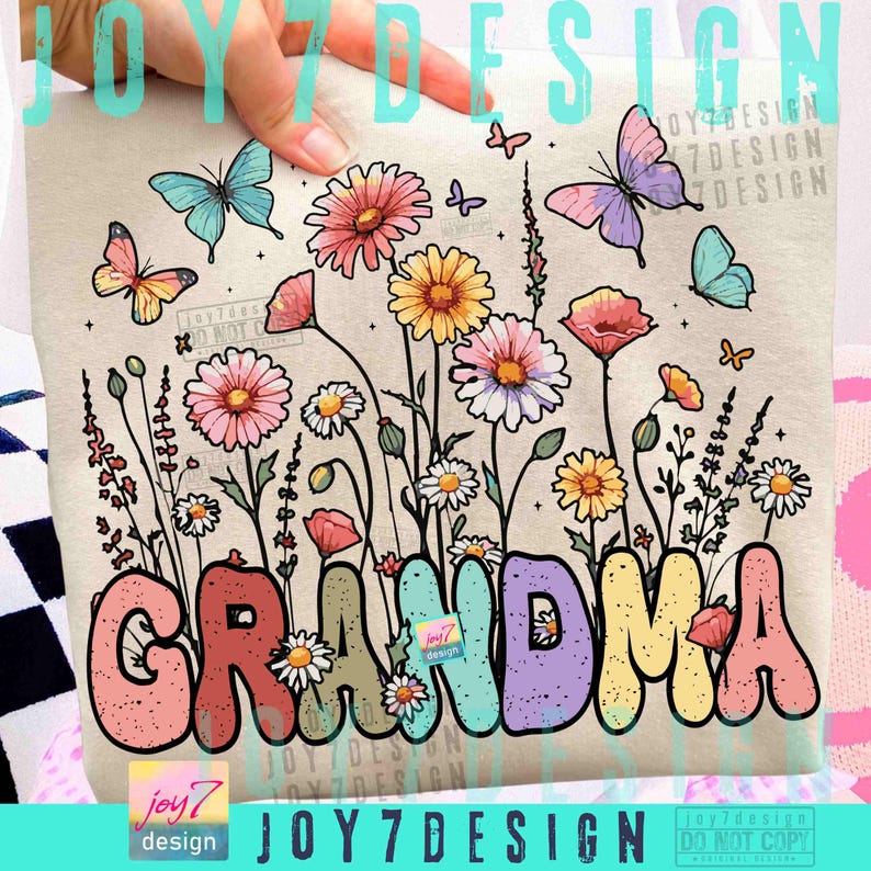 May include: A beige tote bag featuring a colorful floral design with butterflies and the word "GRANDMA" in bubble letters. The design includes pink, yellow, and blue flowers.