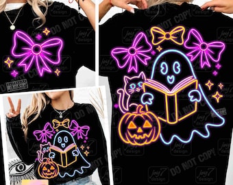 Ghost Book Cat Colorful Neon PNG Neon Halloween Png Neon Boo Ghost Pumpkin Bookish Png Ghost reader Coquette Neon Spooky Ghost Png ORIGINAL