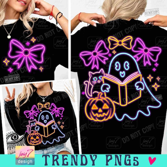 Ghost Book Cat Colorful Neon PNG Neon Halloween Png Neon Boo Ghost Pumpkin Bookish Png Ghost reader Coquette Neon Spooky Ghost Png ORIGINAL