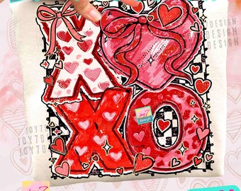 May include: A white t-shirt featuring a large, colorful graphic design with the letters "XO" in red, adorned with hearts and bows. The design includes the text "JOY7DESIGN 2PNGS". The overall theme is Valentine's Day.