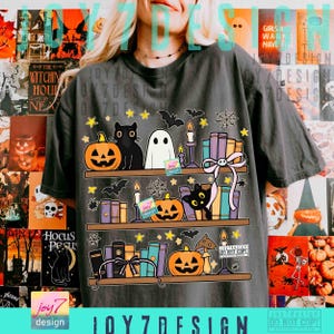 Halloween Bookshelf PNG Boo Ghost Reading Book Coquette Bow Halloween Book Png Cute Black Cat Halloween Sublimation Design Library ORIGINAL image 5
