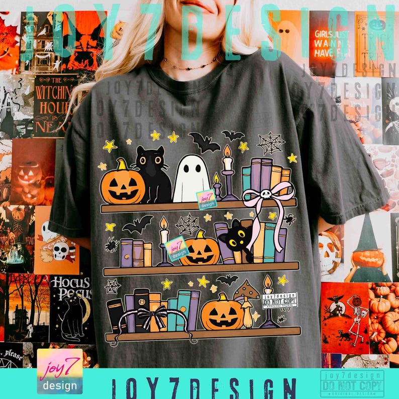 Halloween Bookshelf PNG Boo Ghost Reading Book Coquette Bow Halloween Book Png Cute Black Cat Halloween Sublimation Design Library ORIGINAL image 5