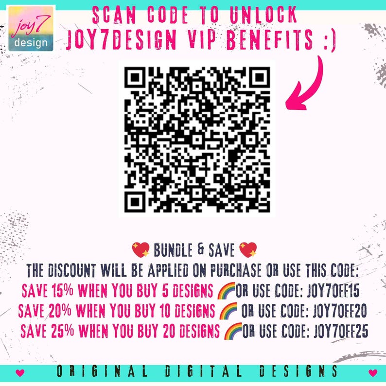 The image is an advertisement for Joy7Design VIP Benefits, which includes a QR code for scanning to unlock the benefits. The text provides details about the discount and how it will be applied on purchase or use of the code.