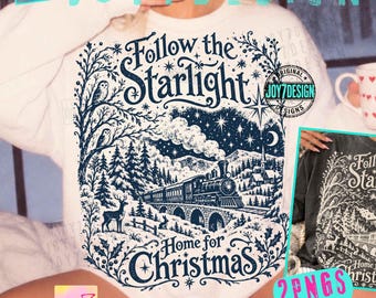 Follow the Stars Xmas ORIGINAL PNG, Retro Christmas Train Shirt Design, Winter Night Holiday Graphic
