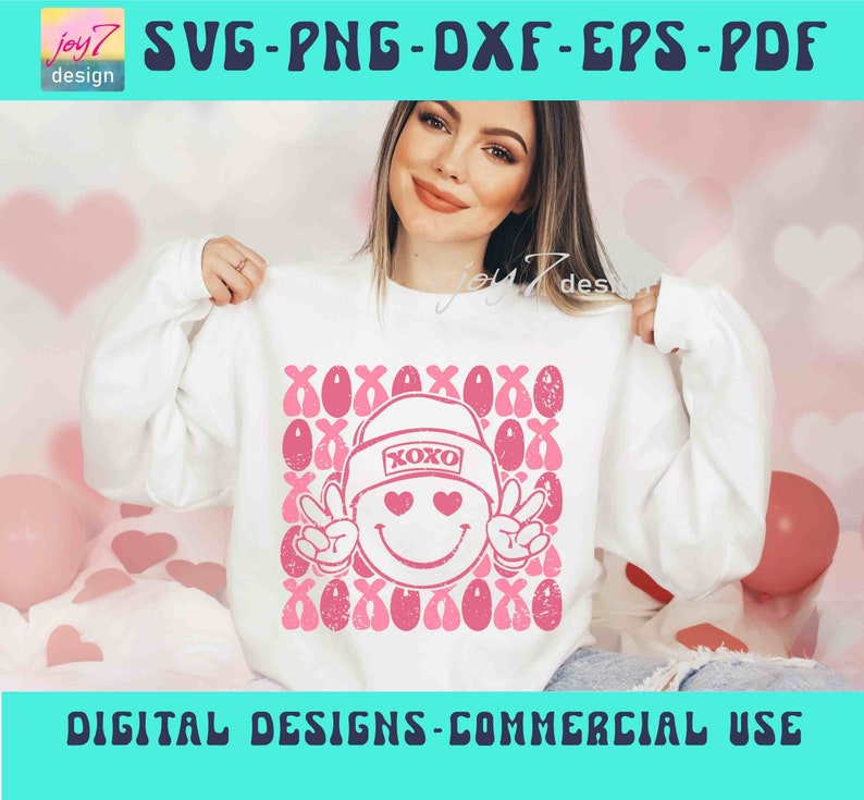 XOXO SVG PNG Love Happy Face Png Retro Valentines Day Hugs and Kisses ...
