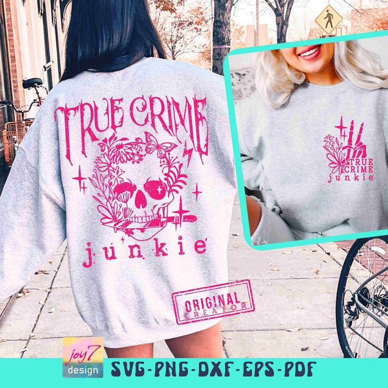 True Crime Junkie SVG PNG Horror movies Adult Humor Boho Retro Gothic Flower Skull Retro Sublimation Fall Cut File Front Back Svg Original image 4
