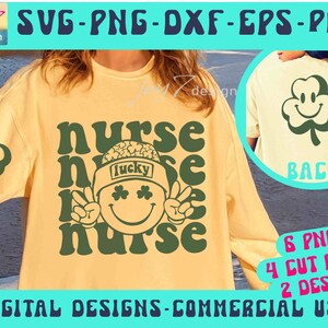 St Patricks Nurse PNG SVG Nurse St Patricks Day Svg Retro Nurse Groovy style Nurse wavy text Svg Nursing Irish Day shirt Front and back Svg