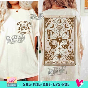 Antisocial fjäril tarotkort SVG PNG sarkastisk Svg tarotkort Png häxig rolig retro sublimering tarot klippfil fram bak Svg original bild 3