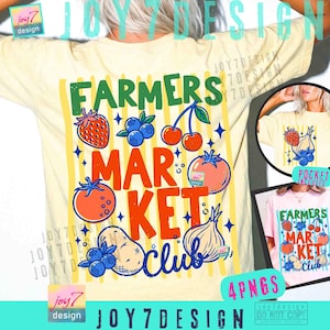 May include: A light yellow t-shirt with a colorful graphic design. The design features the words "FARMERS MARKET CLUB" in large letters, along with illustrations of fruits and vegetables like strawberries, blueberries, cherries, and tomatoes.