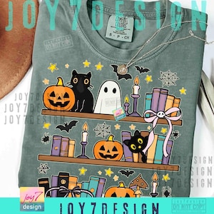 Halloween Bookshelf PNG Boo Ghost Reading Book Coquette Bow Halloween Book Png Cute Black Cat Halloween Sublimation Design Library ORIGINAL image 3