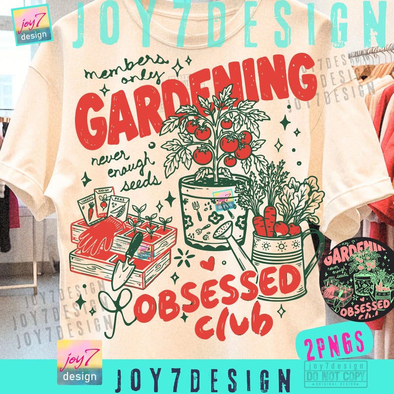 May include: Cream-colored t-shirt with a gardening-themed graphic. The design features the words "GARDENING OBSESSED CLUB" and illustrations of tomatoes, carrots, gardening tools, and seed packets. The text "members only, never enough seeds" is also included.