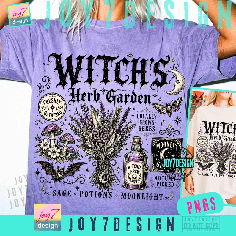 May include: A light purple short-sleeve t-shirt featuring a black graphic print with the text "Witch's Herb Garden". The design includes illustrations of a lavender bouquet, mushrooms, a bat, a moth, a crescent moon, and a potion bottle.