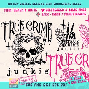 True Crime Junkie SVG PNG Horror movies Adult Humor Boho Retro Gothic Flower Skull Retro Sublimation Fall Cut File Front Back Svg Original image 2