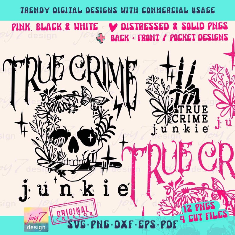 True Crime Junkie SVG PNG Horror movies Adult Humor Boho Retro Gothic Flower Skull Retro Sublimation Fall Cut File Front Back Svg Original image 2