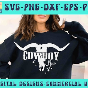 Tueur de cow-boy SVG PNG, Longhorns tête de mort Svg, Svg de tête de mort de taureau, Cowgirl Svg Cowboy Svg, pays Svg, fichier coupe Western Svg du sud, Sublimation