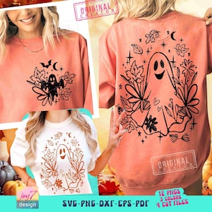Flores fantasma fofas e folhas de outono SVG PNG Fantasma retrô para o clima moderno de Halloween no outono Boo Retro Sublimação Frente Verso Svg Arquivo de corte Original
