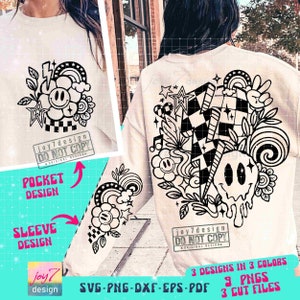 May include: A black and white graphic design featuring a smiley face, stars, checkered patterns, and other abstract shapes. The design is shown on a white sweatshirt with the text "joy7design DO NOT COPY ORIGINAL DESIGN" on the pocket and sleeve.