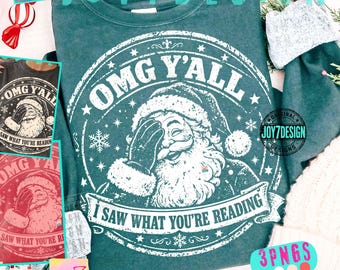 Funny Reading Santa ORIGINAL PNG, OMG Y'All Book Lover Christmas Shirt Design, Retro Reader Holiday Graphic