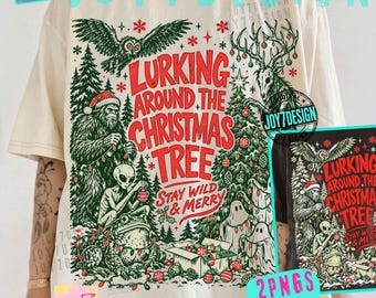 Lurking Around the Christmas Tree ORIGINAL PNG, Retro Weird Christmas Shirt Design, Paranormal Holiday Graphic