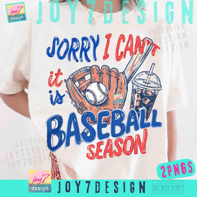 May include: Cream-colored t-shirt with the text "Sorry I Can't, It Is Baseball Season" in blue and red. The design includes a baseball glove, baseball, bat, and a drink with ice. A fun graphic tee for baseball fans.