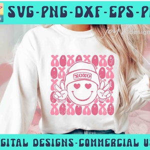 XOXO SVG png Love Happy Face png Happy Retro Valentijnsdag Retro Valentine Retro knuffels en kusjes png Popular Valentines Png Retro trendy png