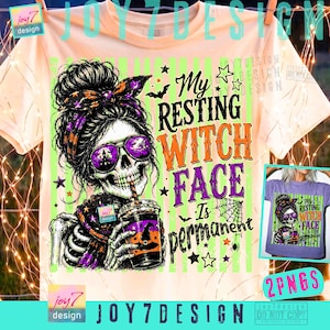 May include: A peach-coloured t-shirt featuring a graphic of a skeleton with a messy bun, wearing sunglasses with a haunted house reflection, and holding a drink. The text reads My RESTING WITCH FACE Is permanent, surrounded by stars and bats.
