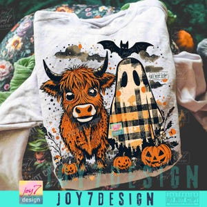 Cute Fall Highland Cow Ghost PNG Checkered Halloween Western Spooky Season Autumn Cow Shirt design Boo ghost Fall Pumpkin Cow Lover ORIGINAL image 3
