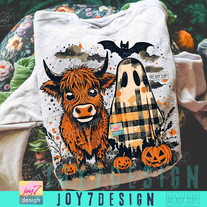 Cute Fall Highland Cow Ghost PNG Checkered Halloween Western Spooky Season Autumn Cow Shirt design Boo ghost Fall Pumpkin Cow Lover ORIGINAL image 3