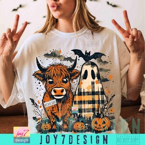 Cute Fall Highland Cow Ghost PNG Checkered Halloween Western Spooky Season Autumn Cow Shirt design Boo ghost Fall Pumpkin Cow Lover ORIGINAL image 5