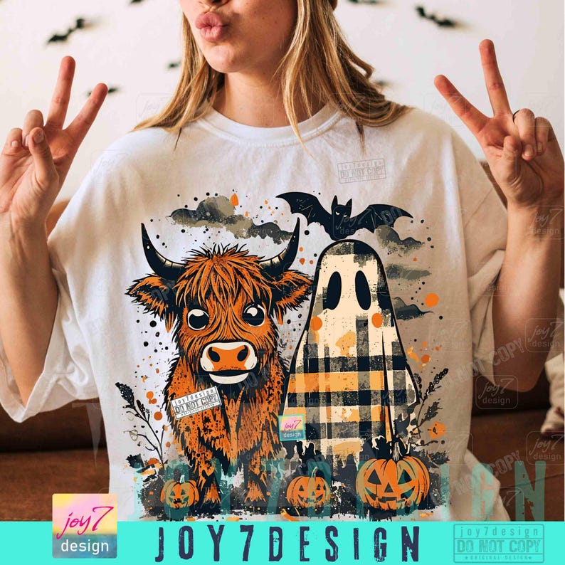 Cute Fall Highland Cow Ghost PNG Checkered Halloween Western Spooky Season Autumn Cow Shirt design Boo ghost Fall Pumpkin Cow Lover ORIGINAL image 5