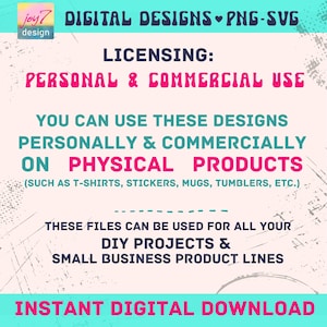 text that provides information about the use of designs for personal and commercial purposes, specifically for physical products such as T-shirts, stickers, mugs, and other small business product lines. It also mentions that these files can be used for DIY projects and small business product lines, and that there is an instant digital download available.