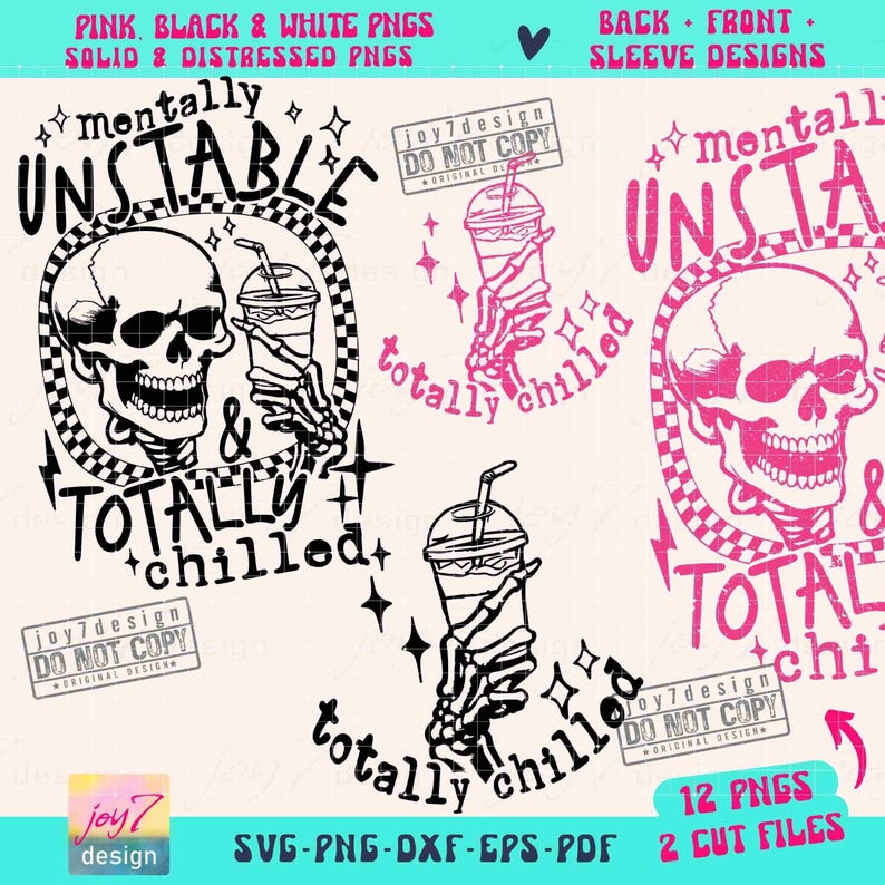 Mentally Unstable & Totally Chilled Sarcastic SVG PNG Iced Coffee lover Funny Adult Humor Skeleton Svg Snarky Sublimation Cut Files ORIGINAL image 2
