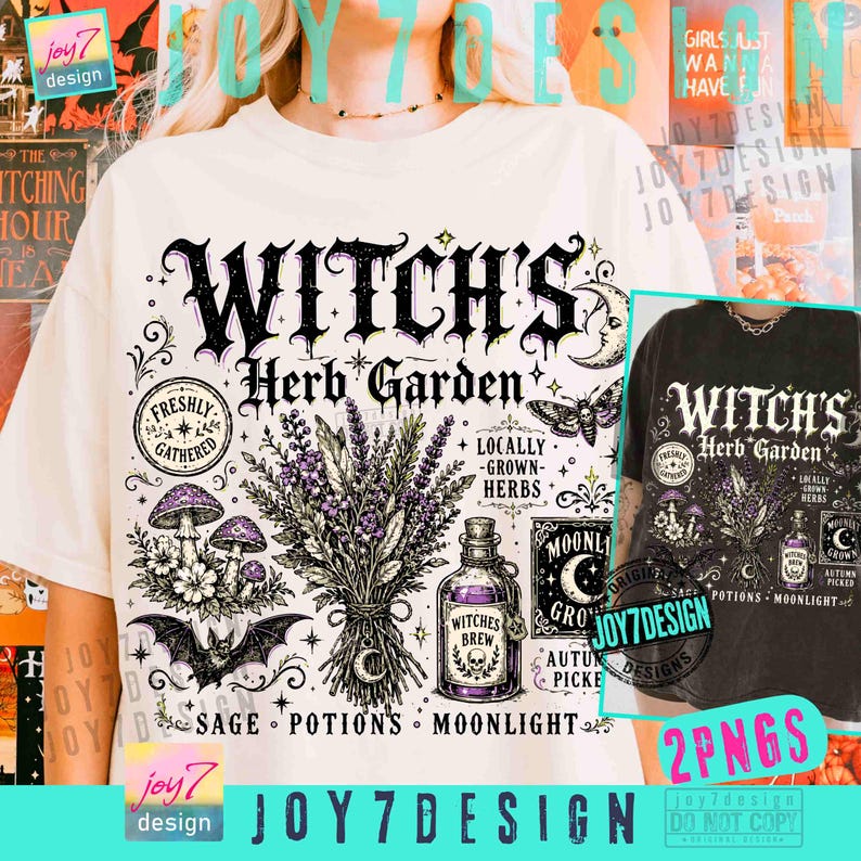 May include: A cream-colored t-shirt featuring a black and purple graphic print with the text Witch's Herb Garden. The design includes illustrations of a lavender bouquet, mushrooms, a bat, a potion bottle labeled Witches Brew, and text.