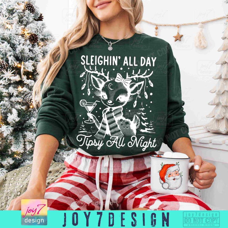 Sleighin All Day Funny Drinking Christmas PNG Retro Reindeer Christmas Drinking Png Tipsy Christmas Alcohol Vintage Xmas Trendy Png ORIGINAL image 3