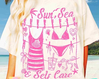 Sun Sea & Self Care PNG Summer Self Love Retro Beach Shirt Png Trendy Summer Bikini Coquette design Png Iced Coffee Beach retro Png ORIGINAL
