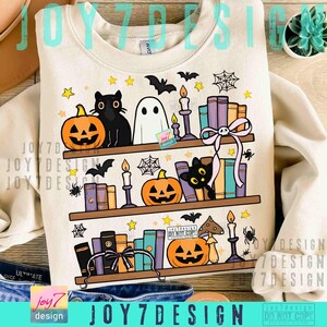 Halloween Bookshelf PNG Boo Ghost Reading Book Coquette Bow Halloween Book Png Cute Black Cat Halloween Sublimation Design Library ORIGINAL image 2