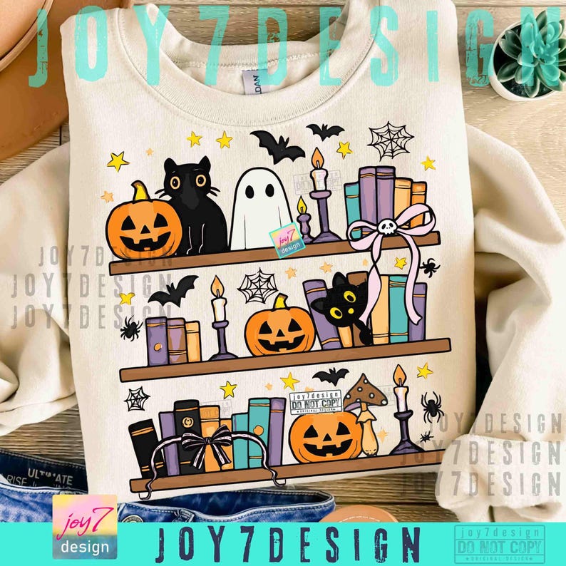 Halloween Bookshelf PNG Boo Ghost Reading Book Coquette Bow Halloween Book Png Cute Black Cat Halloween Sublimation Design Library ORIGINAL image 2