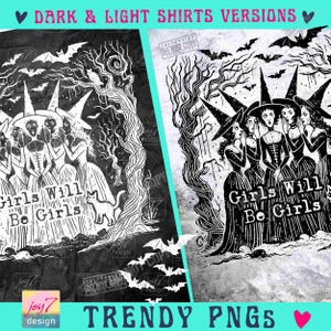 Las chicas serán chicas Brujas PNG Bruja de Halloween retro PNG Divertido Halloween PNG Camiseta vintage de Halloween de moda PNG Vibras de brujas Espeluznante ORIGINAL imagen 2
