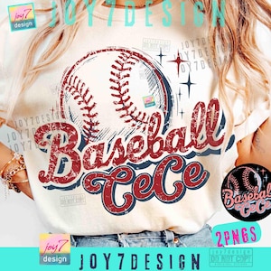 May include: Cream-colored t-shirt featuring a distressed baseball graphic with the words "Baseball CeCe" in red and blue. The design includes a baseball and starburst accents, perfect for baseball fans.