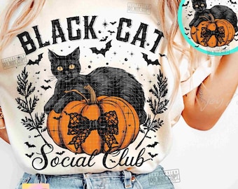 Black Cat Social Club PNG halloween cat svg Coquette Halloween Gothic Girly Black cat png Spooky Season Pumpkin Halloween Bow Png ORIGINAL