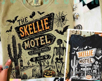 Skellie Motel Divertido Halloween PNG Divertido Esqueleto Halloween Otoño PNG Humor de Halloween Diseño vintage PNG Camiseta de Halloween de moda PNG ORIGINAL