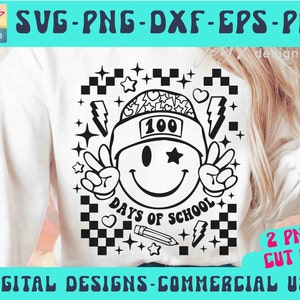 100 dagen school SVG PNG, Groovy 100 dagen shirt Svg, school 100e dag, Happy Face Svg, Teacher School, retro png, geruite Svg, school Svg