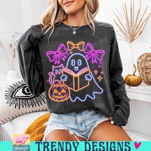 Ghost Book Cat Colorful Neon PNG Neon Halloween Png Neon Boo Ghost Pumpkin Bookish Png Ghost reader Coquette Neon Spooky Ghost Png ORIGINAL image 5