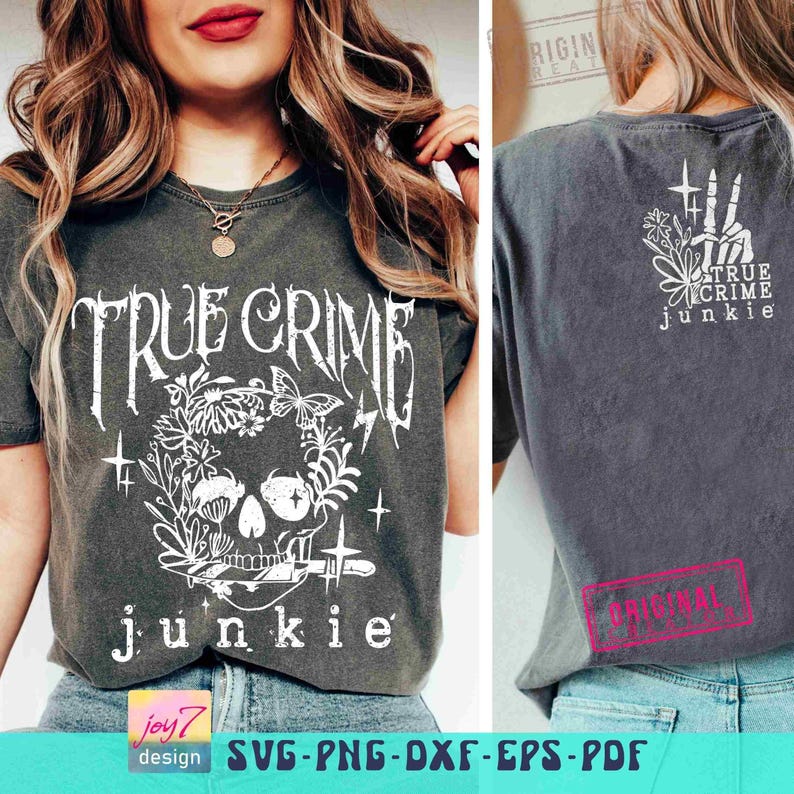True Crime Junkie SVG PNG Horror movies Adult Humor Boho Retro Gothic Flower Skull Retro Sublimation Fall Cut File Front Back Svg Original image 5