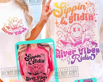 May include: A pink and white t-shirt featuring a cartoon character in a boat with the text "Sippin' & Glidin' River Vibes Ridin'" in a rainbow gradient.