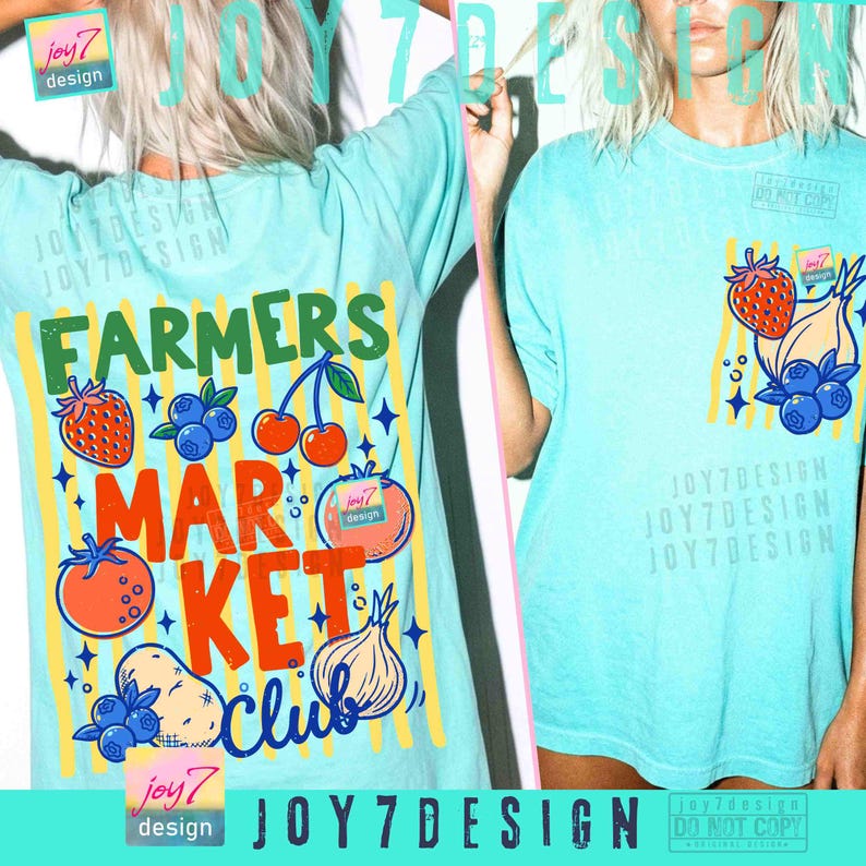 May include: Light blue t-shirts with a colorful "Farmers Market Club" graphic. The design includes illustrations of fruits and vegetables like strawberries, blueberries, cherries, tomatoes, potatoes, and an onion. The shirts have a vintage, slightly faded look.