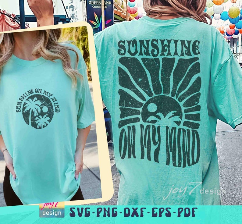 Sunshine On My Mind SVG PNG Boho Summer Png Trendy summer Svg Summer quote Svg Beach retro Svg Summer vacation Svg Retro Summer sublimation image 3